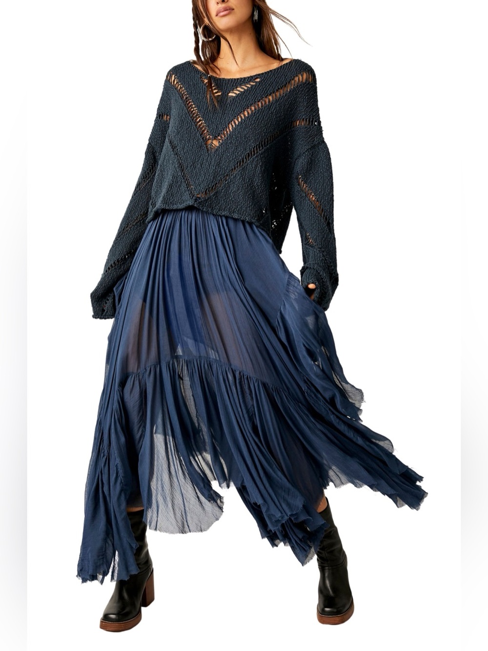 Free People Clover Handkerchief Hem Maxi Skirt in Navy - Picture 6 of 10